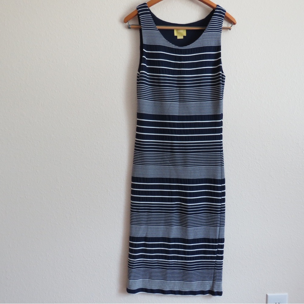 Anthropologie Maeve Edisto Column Striped Dress Sleeveless Blue White Fitted Med